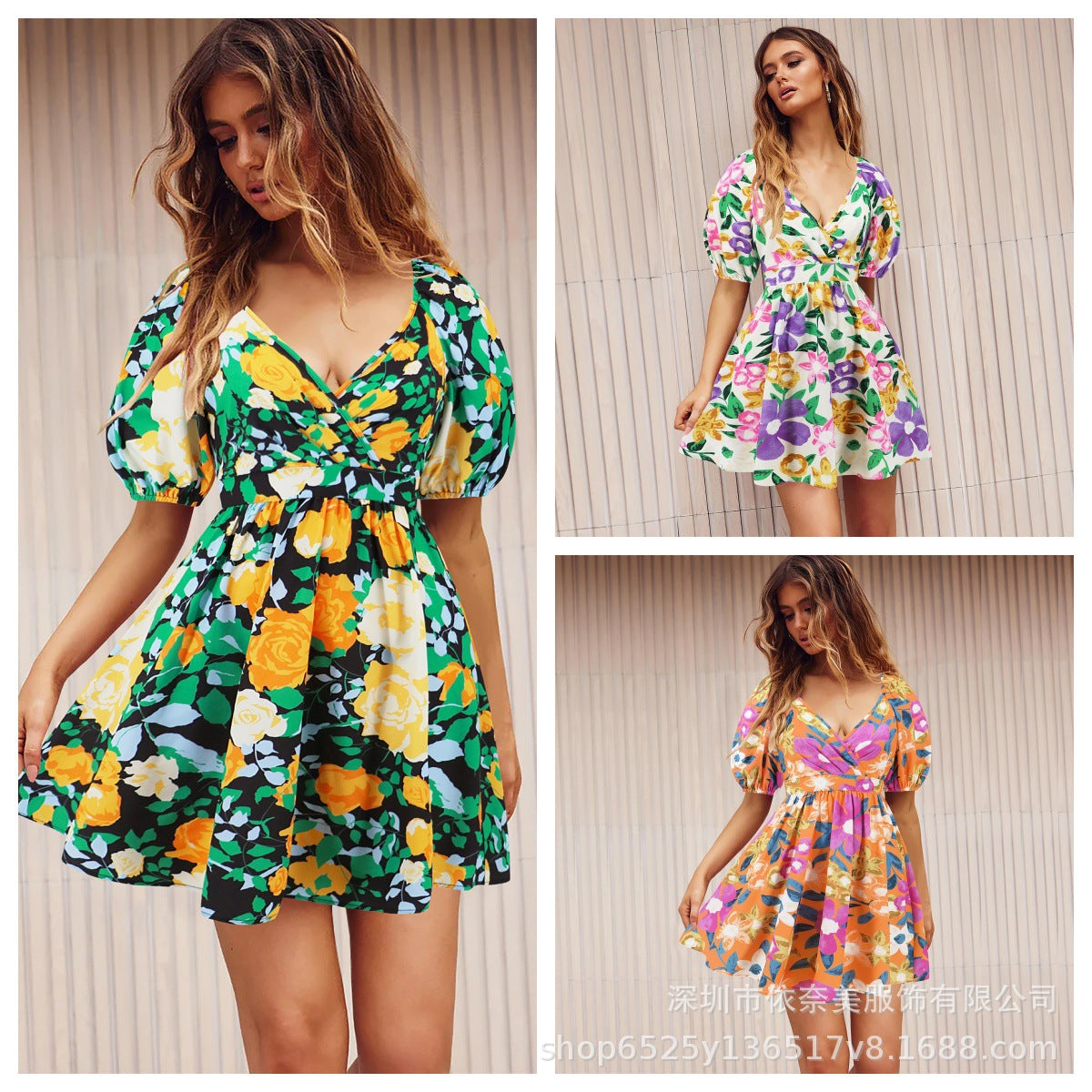 European and American Amazon Popular Women's Summer New V Neck Printed Beach Skirt Vacation Casual Short Dress
