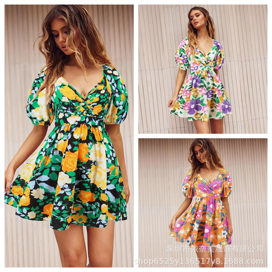 European and American Amazon Popular Women's Summer New V Neck Printed Beach Skirt Vacation Casual Short Dress
