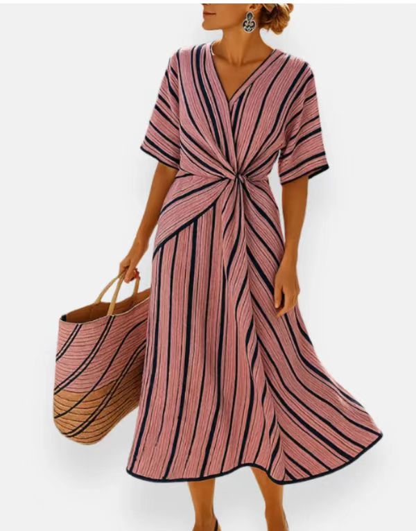 Women's Linen Blend Maxi Dress – V-Neck Twist Front Contrast Trim