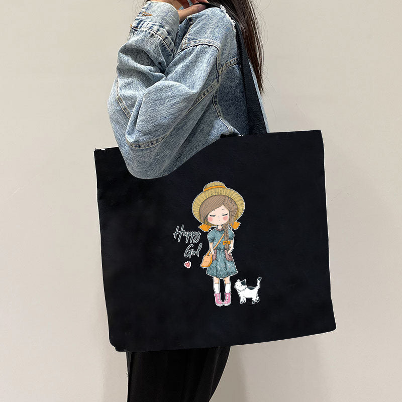 Women Canvas Tote Bag with Cartoon Design
