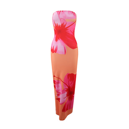 Summer Strapless Floral Print Long Dress