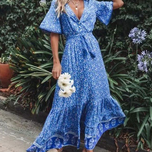 V-Neck High Waist Flowy Summer Dress