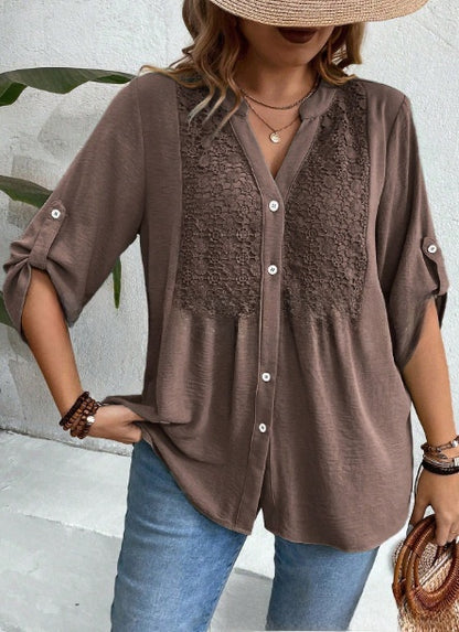 Ladies Lace V-Neck Button Front Shirt