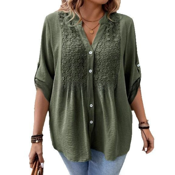 Ladies Lace V-Neck Button Front Shirt