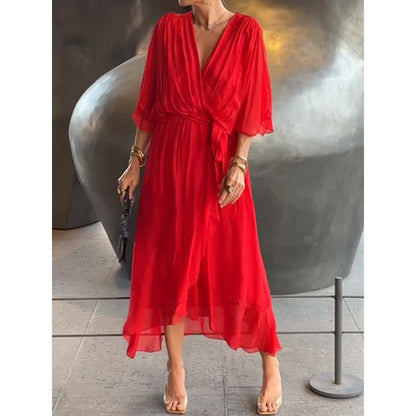 Elegant V-Neck Bat Sleeve Chiffon Dress