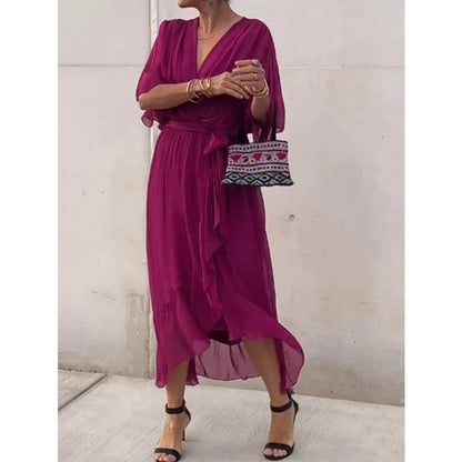 Elegant V-Neck Bat Sleeve Chiffon Dress