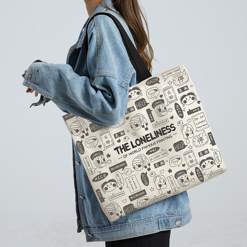 Women Canvas Tote Bag with Cartoon Design