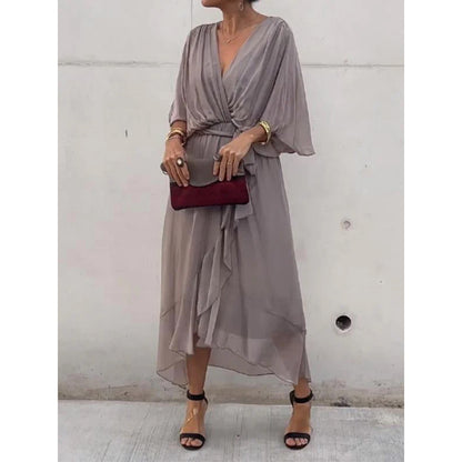 Elegant V-Neck Bat Sleeve Chiffon Dress