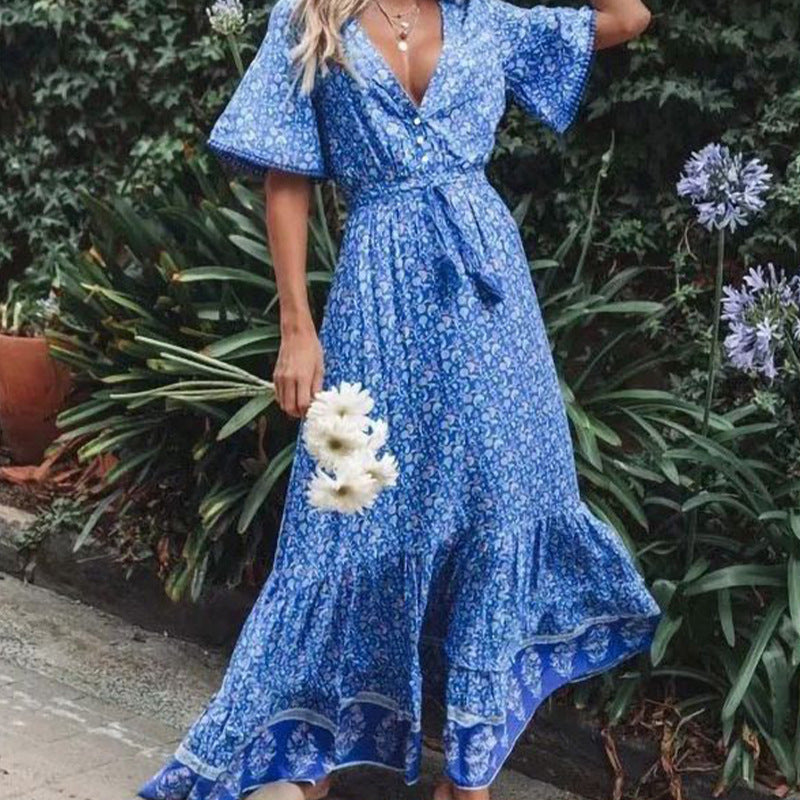 V-Neck High Waist Flowy Summer Dress