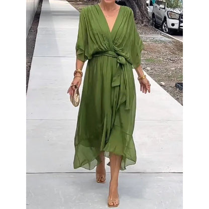 Elegant V-Neck Bat Sleeve Chiffon Dress