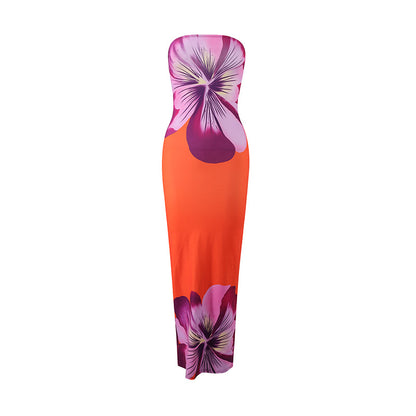 Summer Strapless Floral Print Long Dress