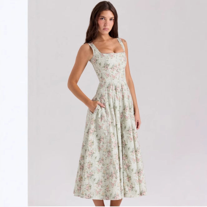 Elegant Floral Print Strapless Summer Dress