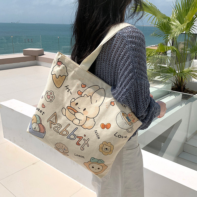 Women Canvas Tote Bag with Cartoon Design