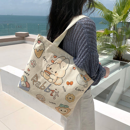Women Canvas Tote Bag with Cartoon Design