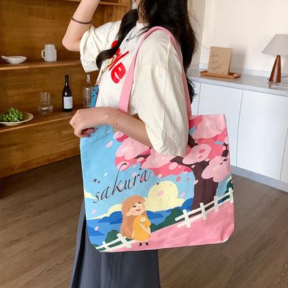 Women Canvas Tote Bag with Cartoon Design