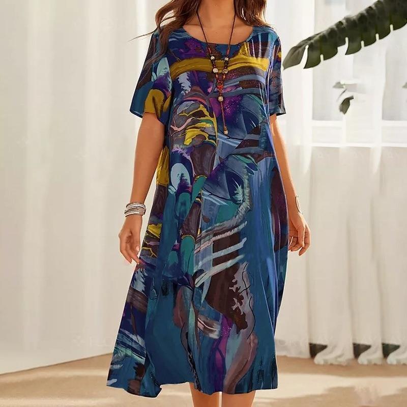 Waist Crewneck Loose Beach Long Dress