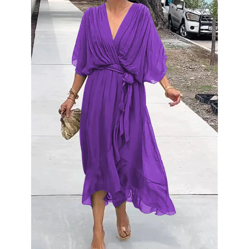 Elegant V-Neck Bat Sleeve Chiffon Dress