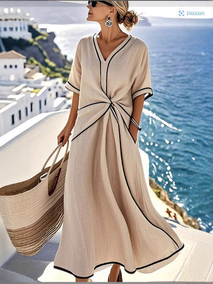 Women's Linen Blend Maxi Dress – V-Neck Twist Front Contrast Trim
