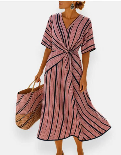 Women's Linen Blend Maxi Dress – V-Neck Twist Front Contrast Trim