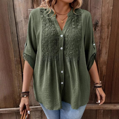 Ladies Lace V-Neck Button Front Shirt