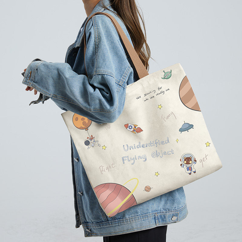 Women Canvas Tote Bag with Cartoon Design