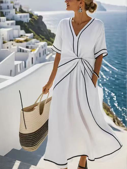 Women's Linen Blend Maxi Dress – V-Neck Twist Front Contrast Trim