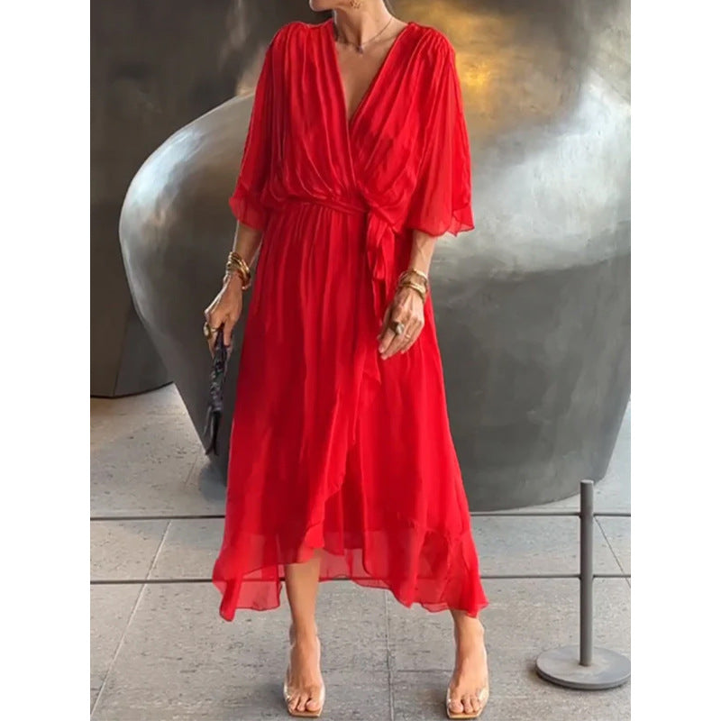 Elegant V-Neck Bat Sleeve Chiffon Dress