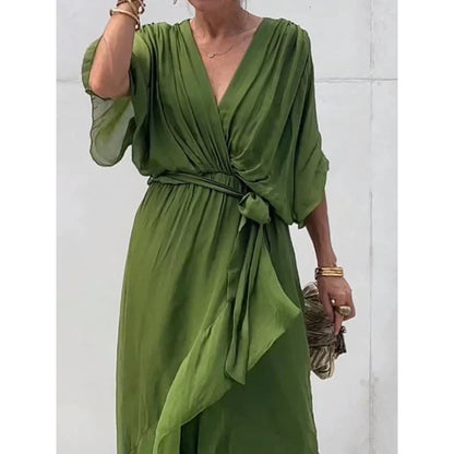 Elegant V-Neck Bat Sleeve Chiffon Dress