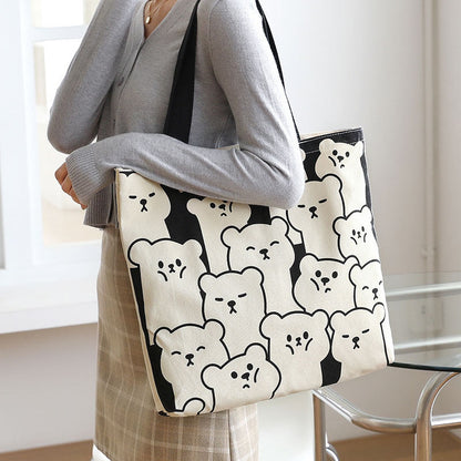 Women Canvas Tote Bag with Cartoon Design