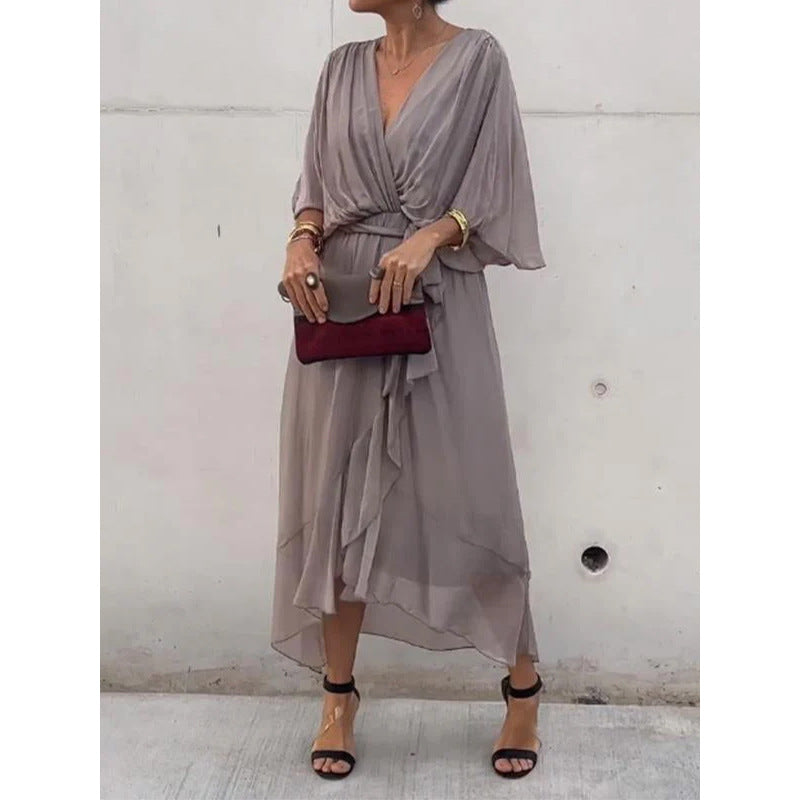 Elegant V-Neck Bat Sleeve Chiffon Dress