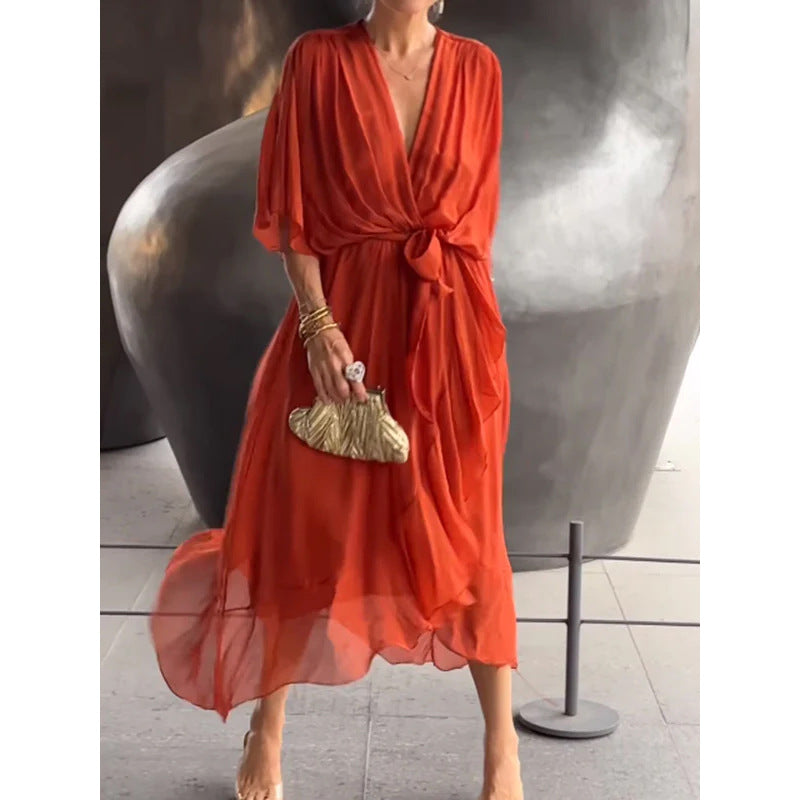 Elegant V-Neck Bat Sleeve Chiffon Dress