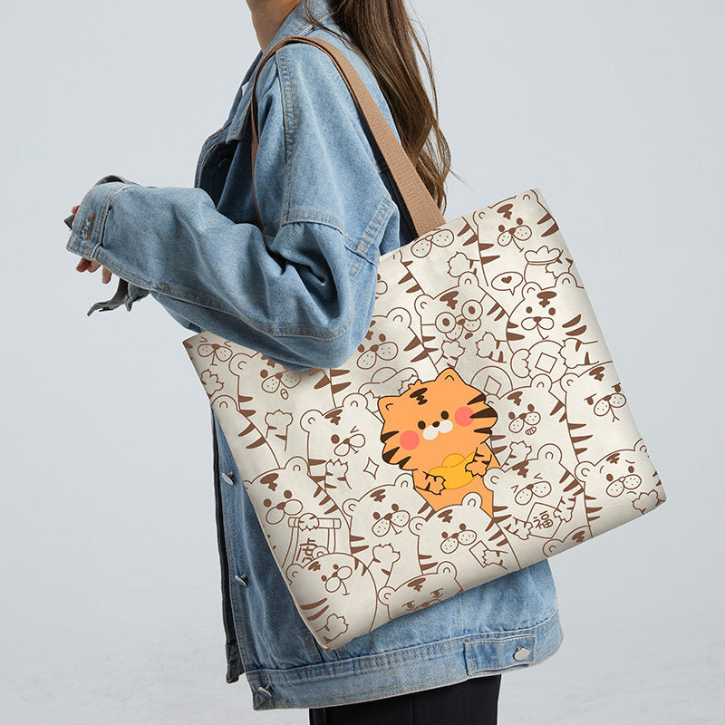 Women Canvas Tote Bag with Cartoon Design