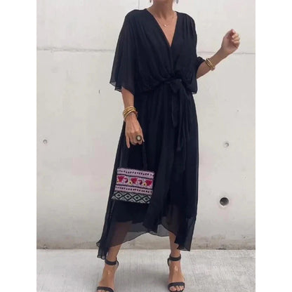 Elegant V-Neck Bat Sleeve Chiffon Dress