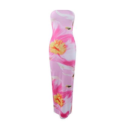 Summer Strapless Floral Print Long Dress