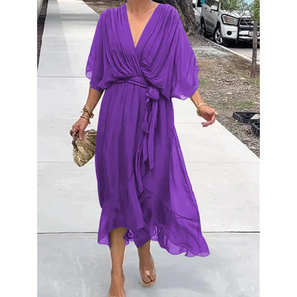 Elegant V-Neck Bat Sleeve Chiffon Dress
