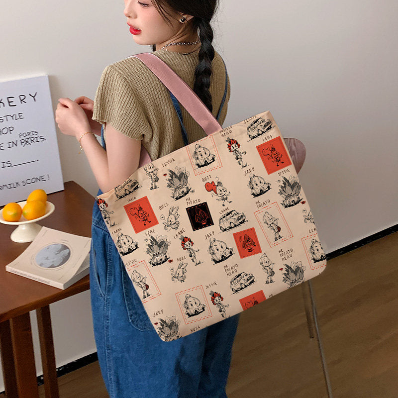 Women Canvas Tote Bag with Cartoon Design