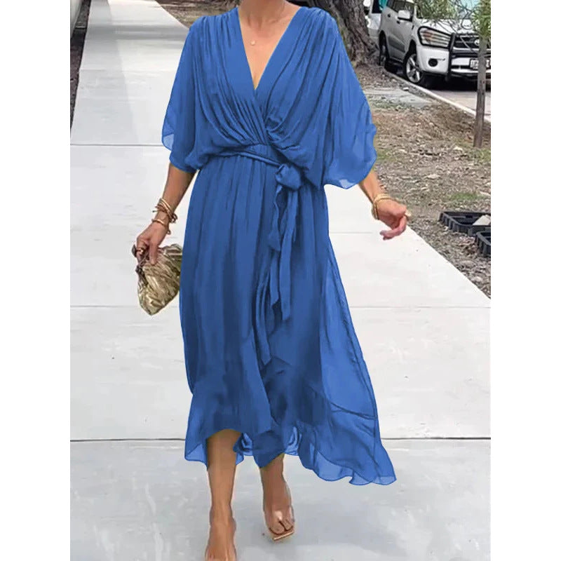 Elegant V-Neck Bat Sleeve Chiffon Dress