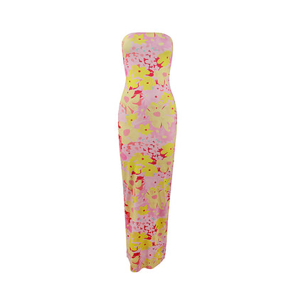 Summer Strapless Floral Print Long Dress