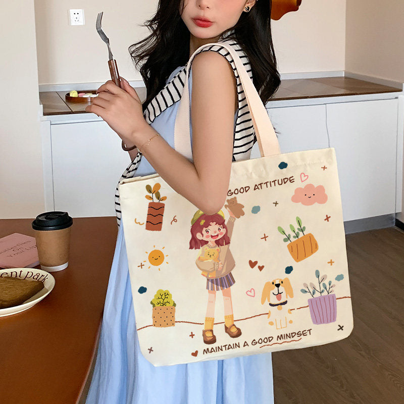 Women Canvas Tote Bag with Cartoon Design