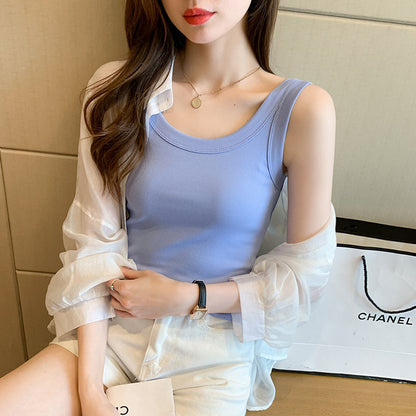 Women's Slim-Fit Threaded Cotton Vest, Summer I-Shaped Anti-Exposure Tank Top
