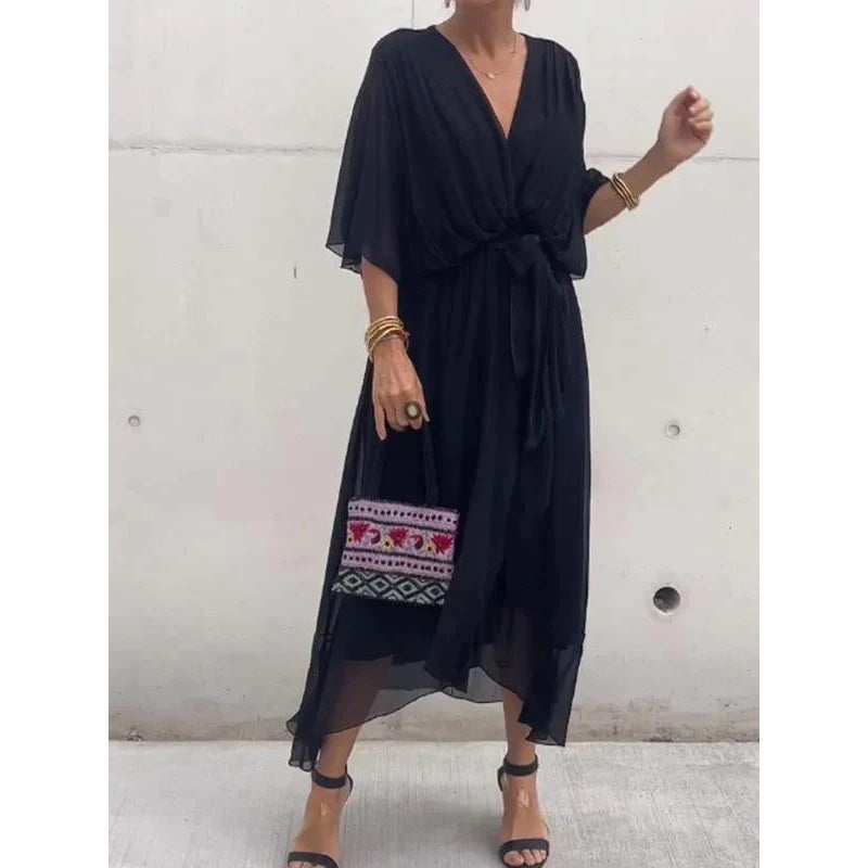Elegant V-Neck Bat Sleeve Chiffon Dress