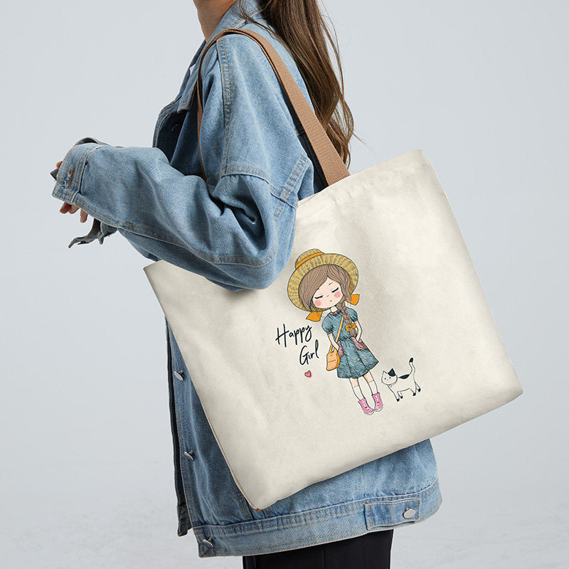 Women Canvas Tote Bag with Cartoon Design