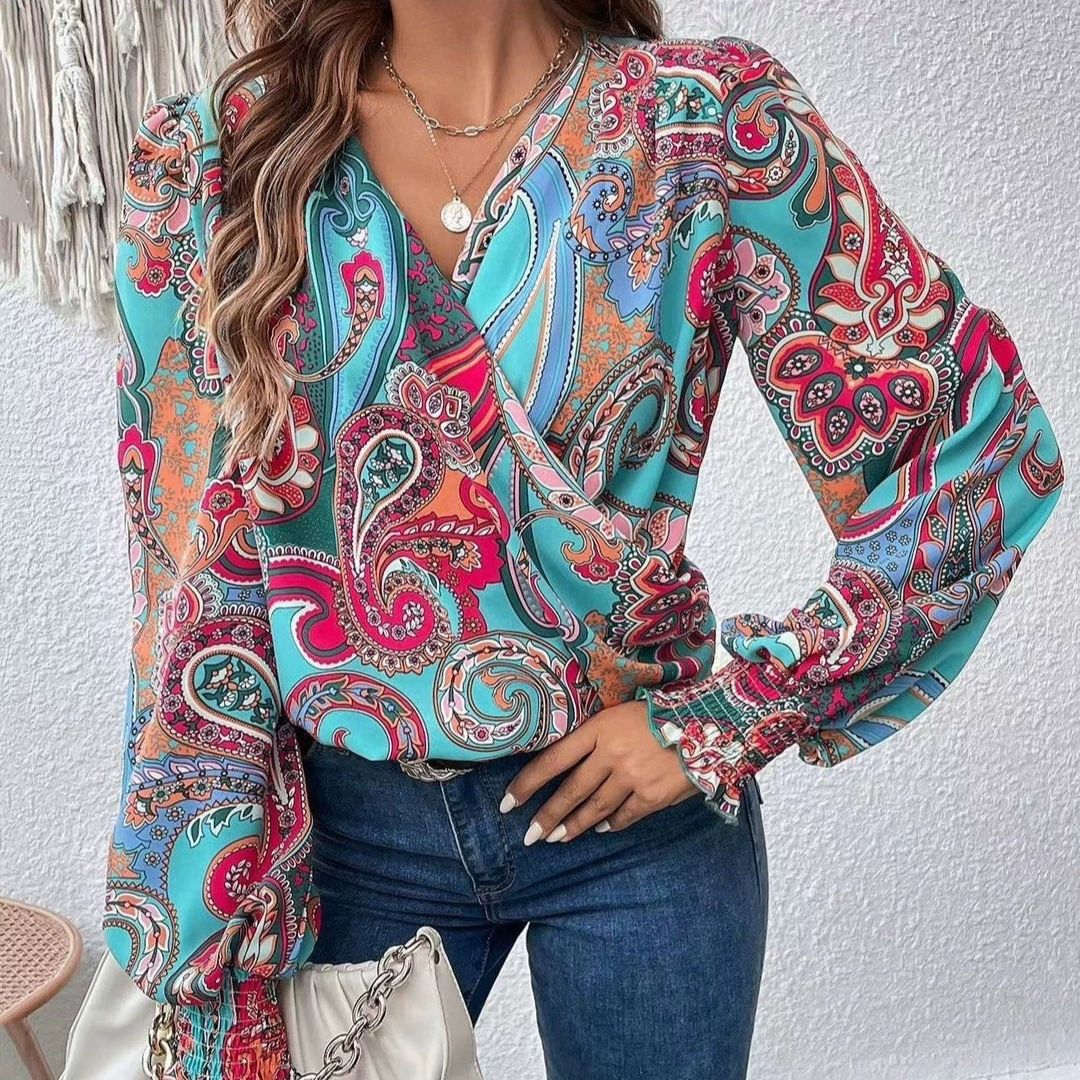 Elegant Women V-neck Lantern Sleeve Shirt