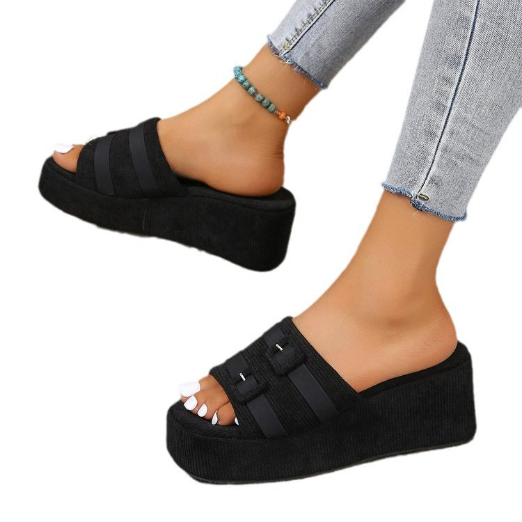 Women Square Buckle Platform Beach Slippers