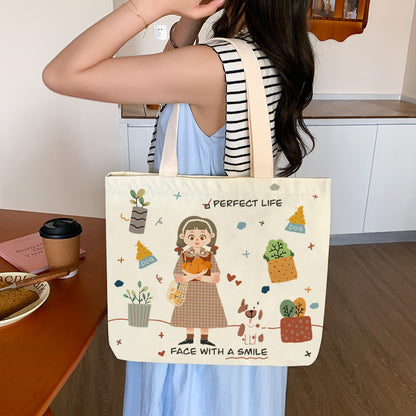 Women Canvas Tote Bag with Cartoon Design