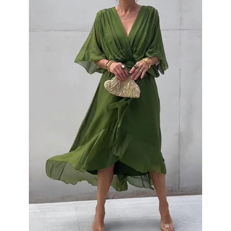 Elegant V-Neck Bat Sleeve Chiffon Dress