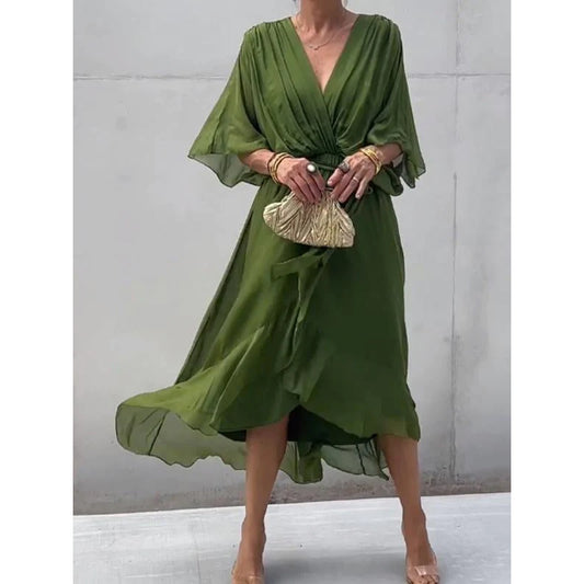 Elegant V-Neck Bat Sleeve Chiffon Dress