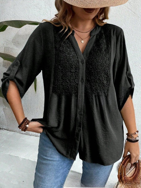 Ladies Lace V-Neck Button Front Shirt