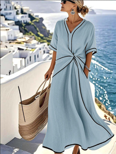 Women's Linen Blend Maxi Dress – V-Neck Twist Front Contrast Trim