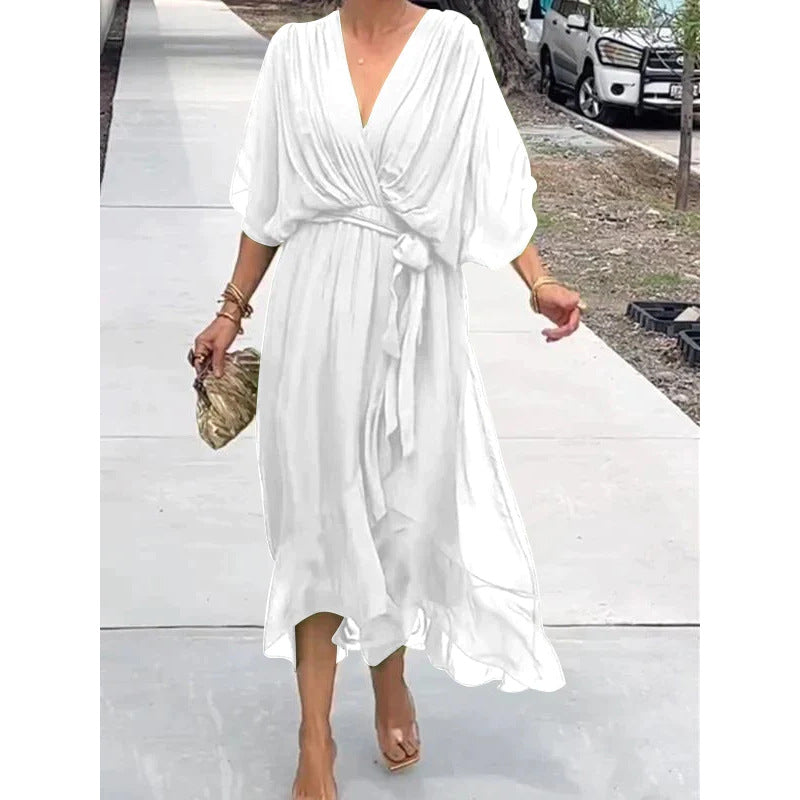 Elegant V-Neck Bat Sleeve Chiffon Dress